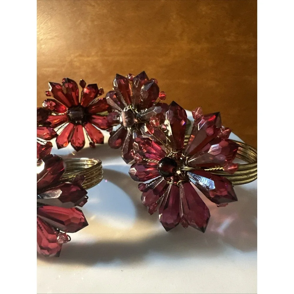 HANDMADE Reddish, Purple Jeweled & BEADED NAPKIN RINGS  SET of 6 gorgeous
